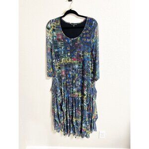 Kira Womens Tiered Midi Dress 3/4 Sleeve Scoop Neck Geometric Print Artsy Large